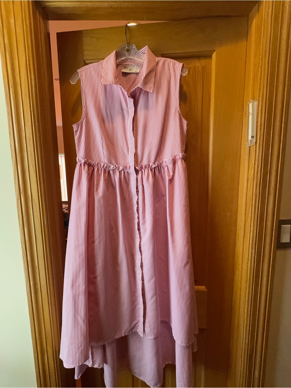 Sleeveless Pink Striped High-Low Shirt Dress